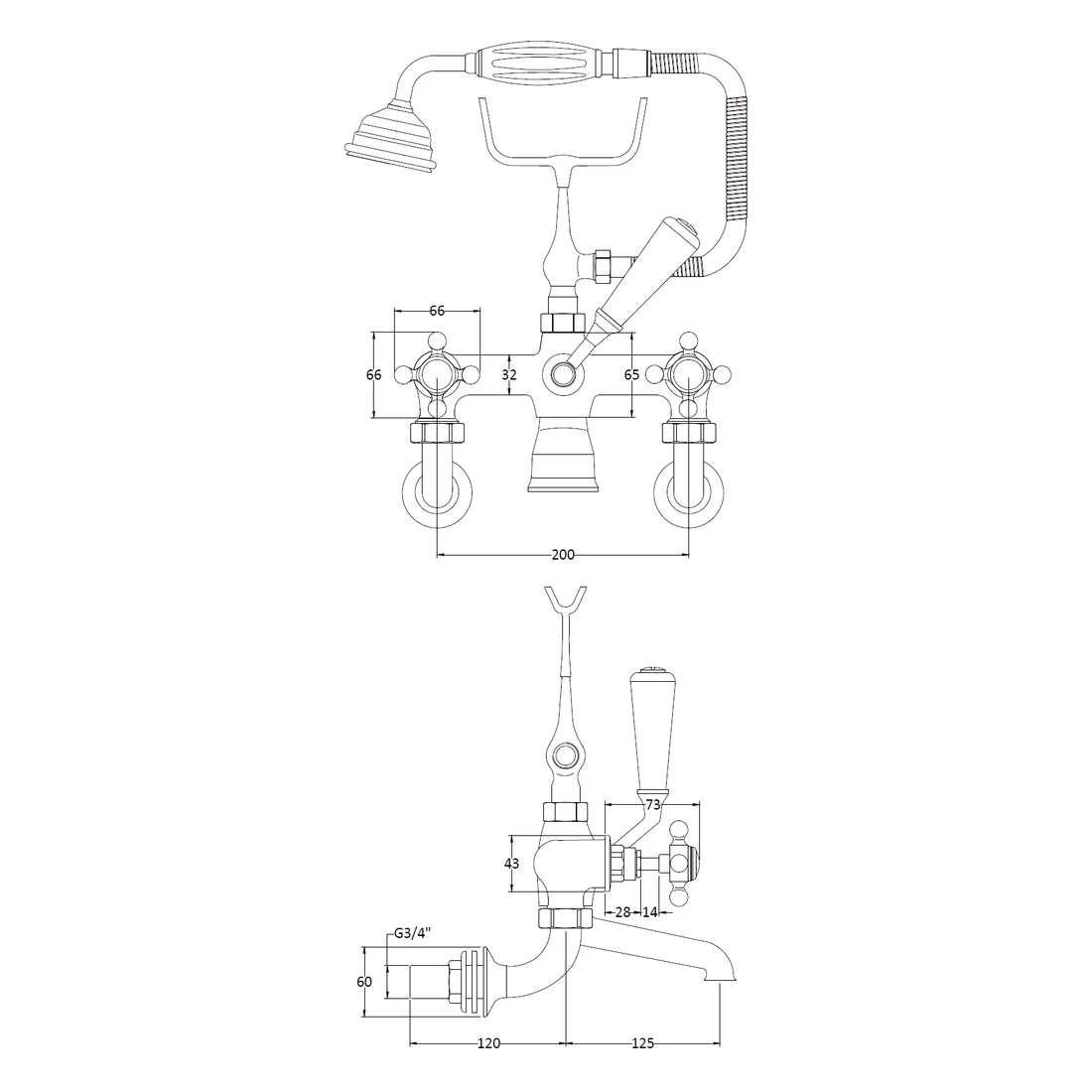 Bayswater Black Wall Bath Shower Mixer, Crosshead & Hex Collar - Image 2