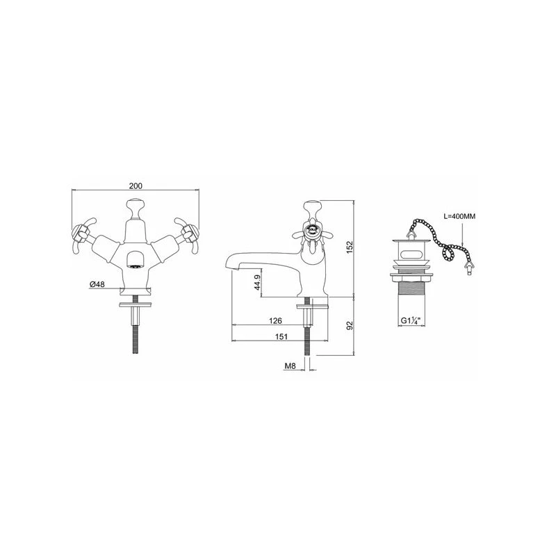 Burlington Anglesey Basin Mixer, Plug & Chain Waste, Chrome/Black - Image 2