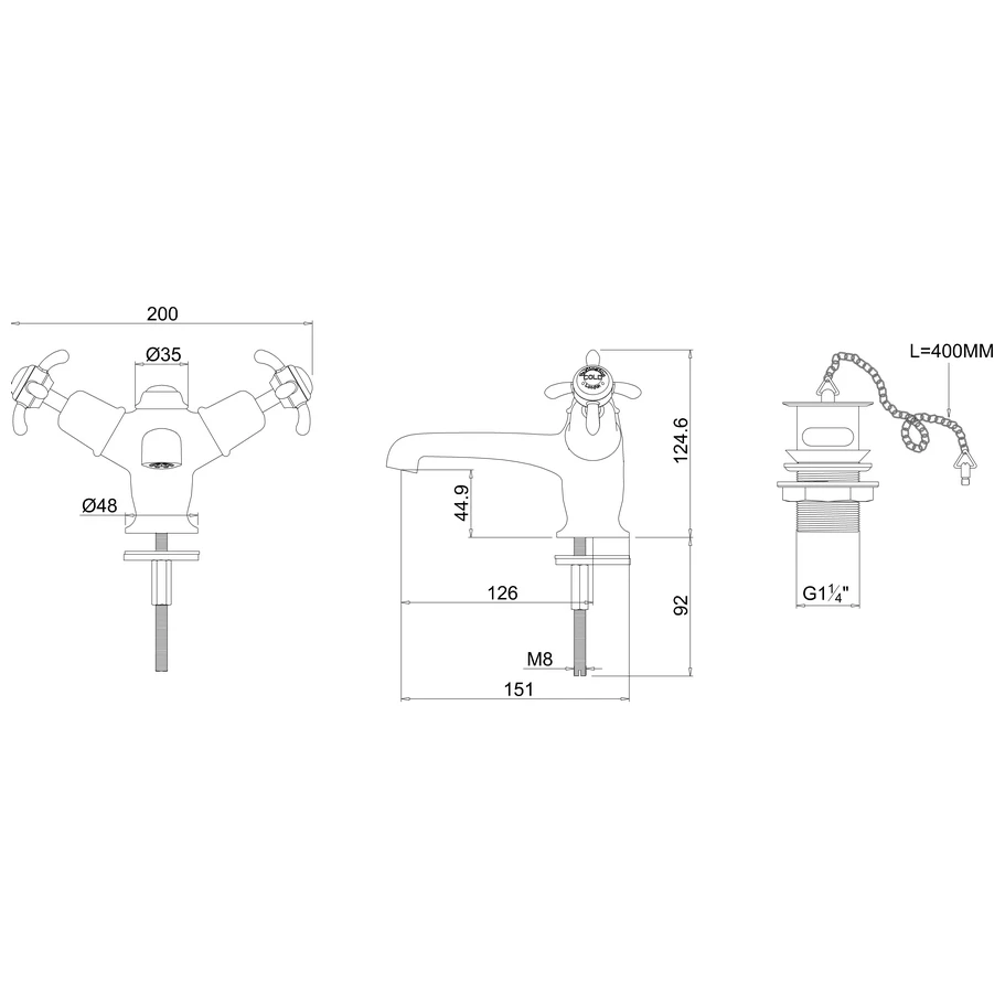Burlington Anglesey Basin Mixer, Plug & Chain Waste, Chrome/Medici - Image 2