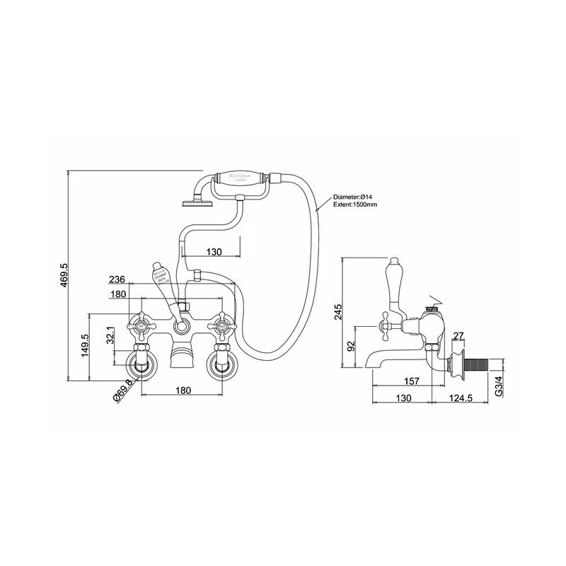 Burlington Anglesey Regent Wall Bath Shower Mixer Chrome/Medici - Image 2