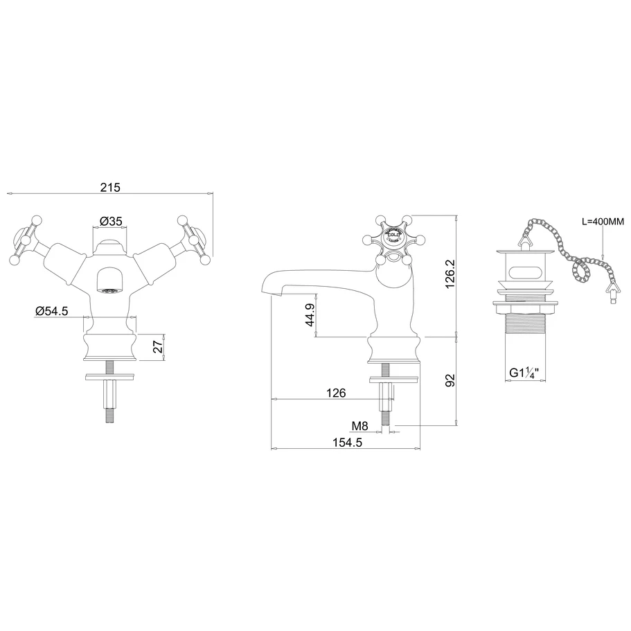 Burlington Birkenhead Regent Basin Mixer, Plug & Chain Waste, Chrome/Medici - Image 2