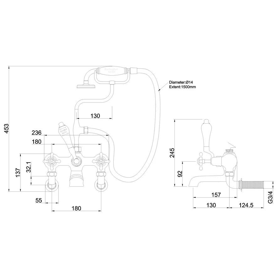 Burlington Claremont Wall Bath Shower Mixer Chrome/Black - Image 2