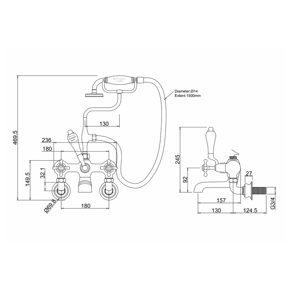 Burlington Claremont Regent Wall Mounted Bath Shower Mixer - Image 2