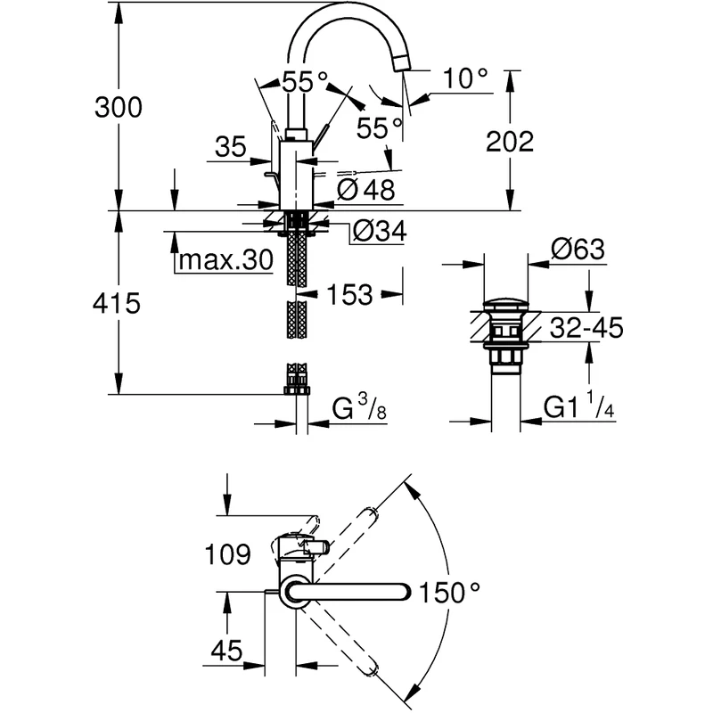 Grohe Eurosmart Cosmopolitan Basin Mixer L-Size With Click Waste - Image 2