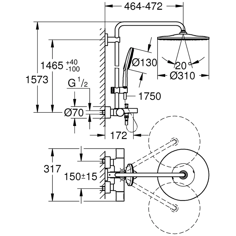 Grohe Rainshower Smartactive 310 Wall Bath Shower System 26657 - Image 2
