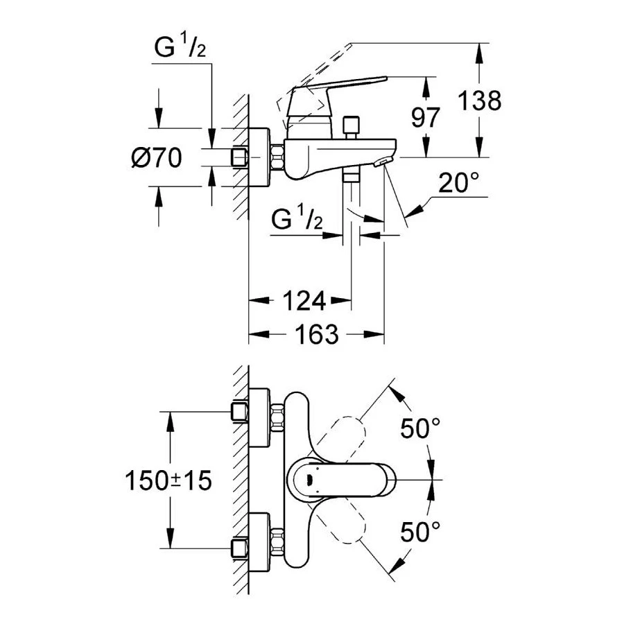 Grohe Eurosmart Cosmopolitan Wall Bath/Shower Mixer 1/2″ 32831 - Image 2