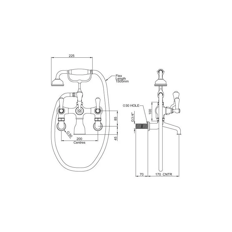Perrin & Rowe Georgian Wall Bath Shower Mixer, Lever - Image 2