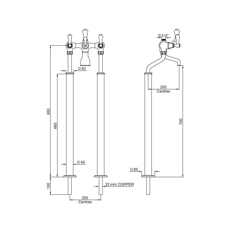 Perrin & Rowe Georgian Floor Bath Shower Mixer, Lever - Image 2
