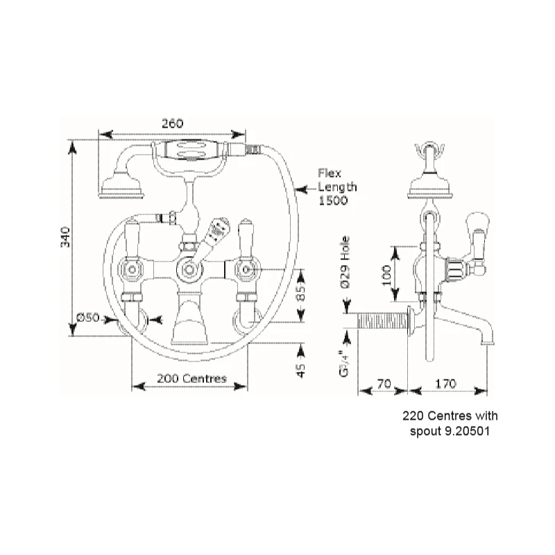 Perrin & Rowe Traditional Lever Wall Bath Shower Mixer Pewter - Image 2