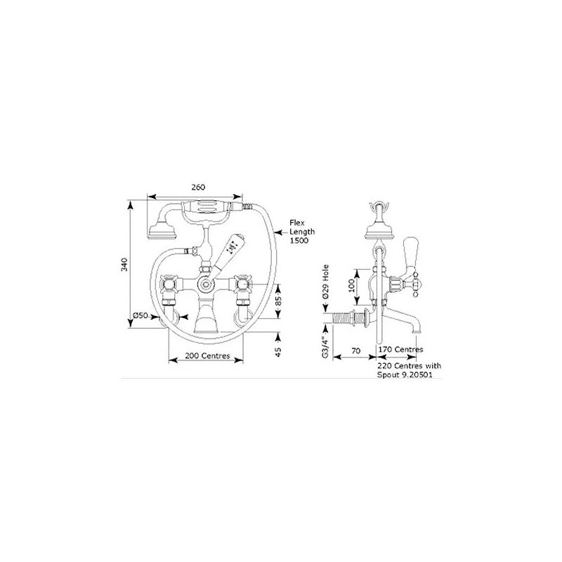 Perrin & Rowe Traditional Bath Shower Mixer & Wall Unions, Cross - Image 2
